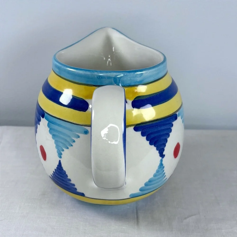 Pier 1 Imports Handpainted Italian Ceramic Pitcher Blue Yellow Geometric Italy